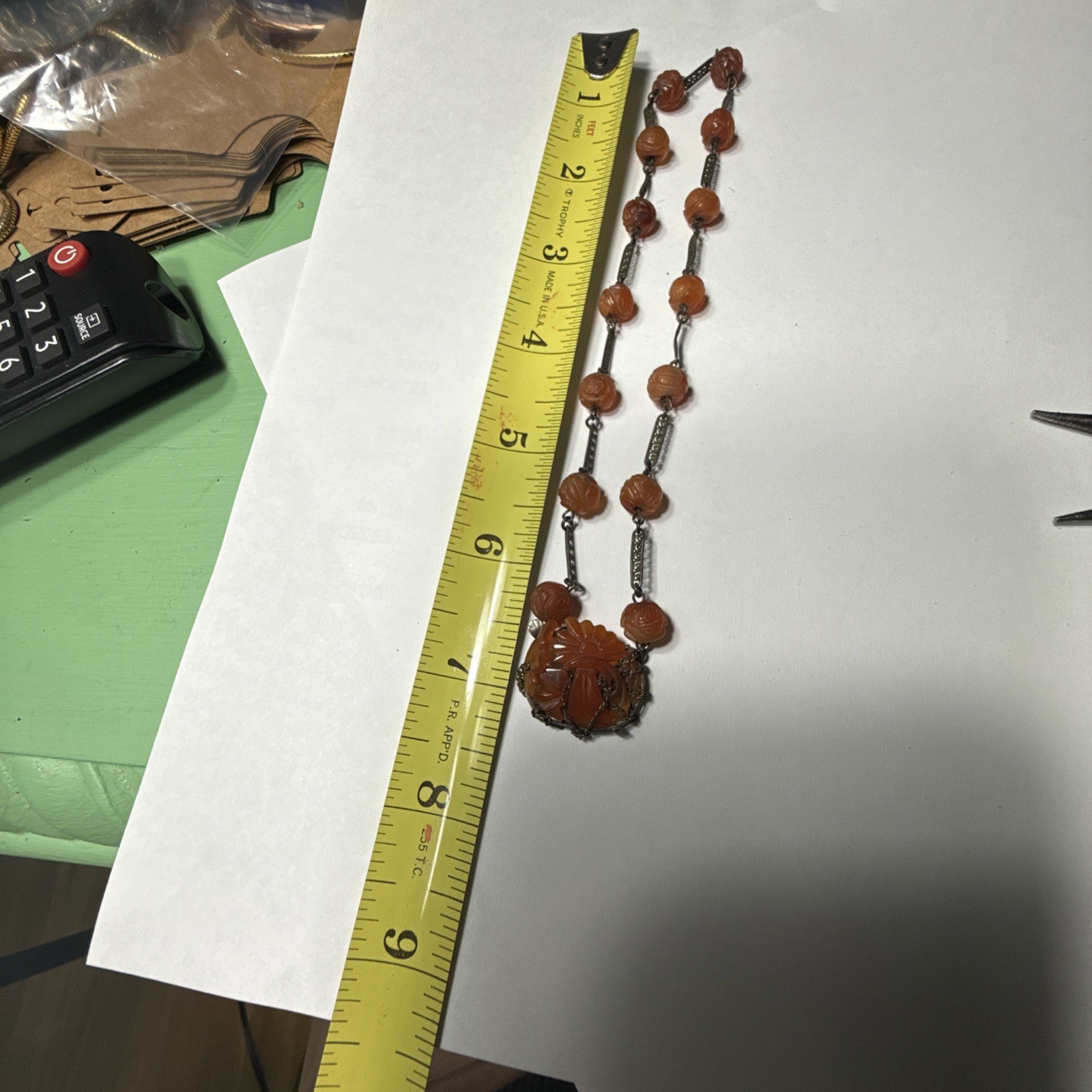 VTG Antique Chinese Carved Carnelian 15.5” Sterling Choker Necklace TLC
