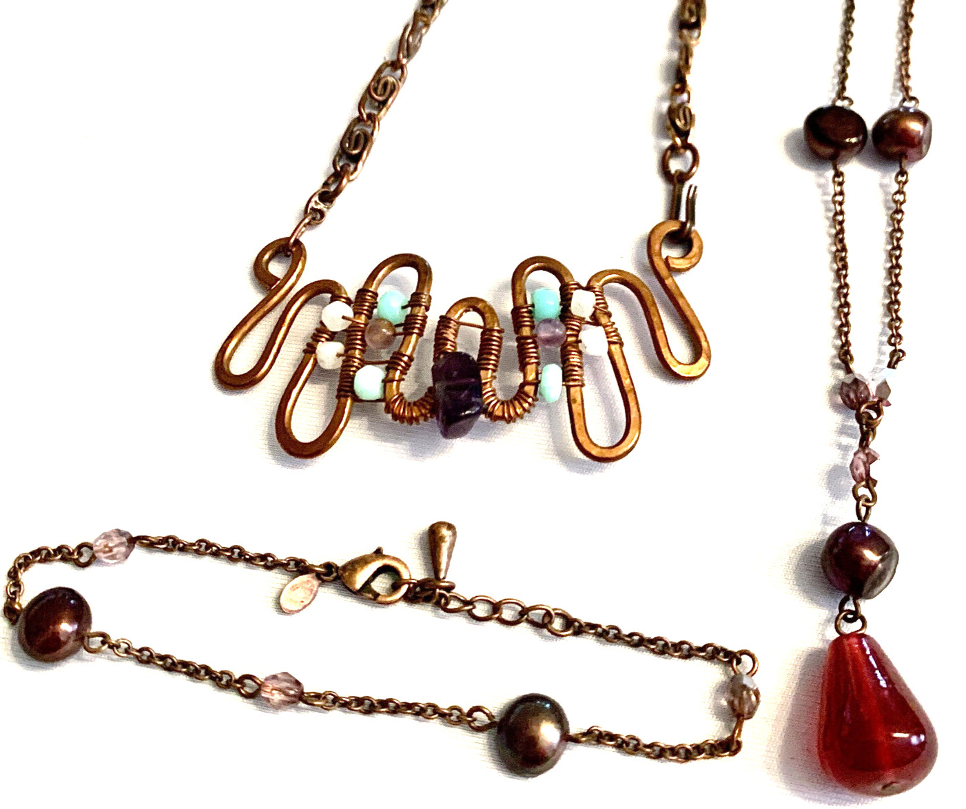 Lot 3 Copper Signed Premier Designs Etc. Matching Necklace + Bracelet Etc.