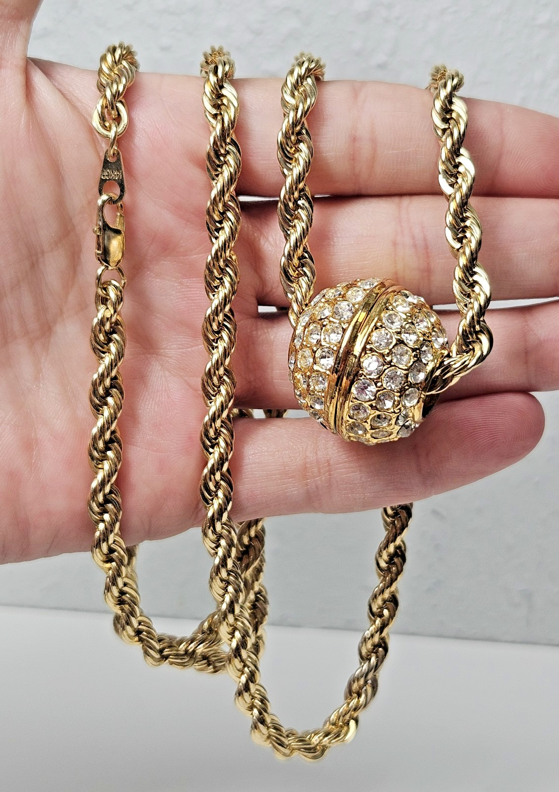 36 Inch Rope Chain Necklace Gold Plated Rhinestone Slide Ball 14RGP disco ball