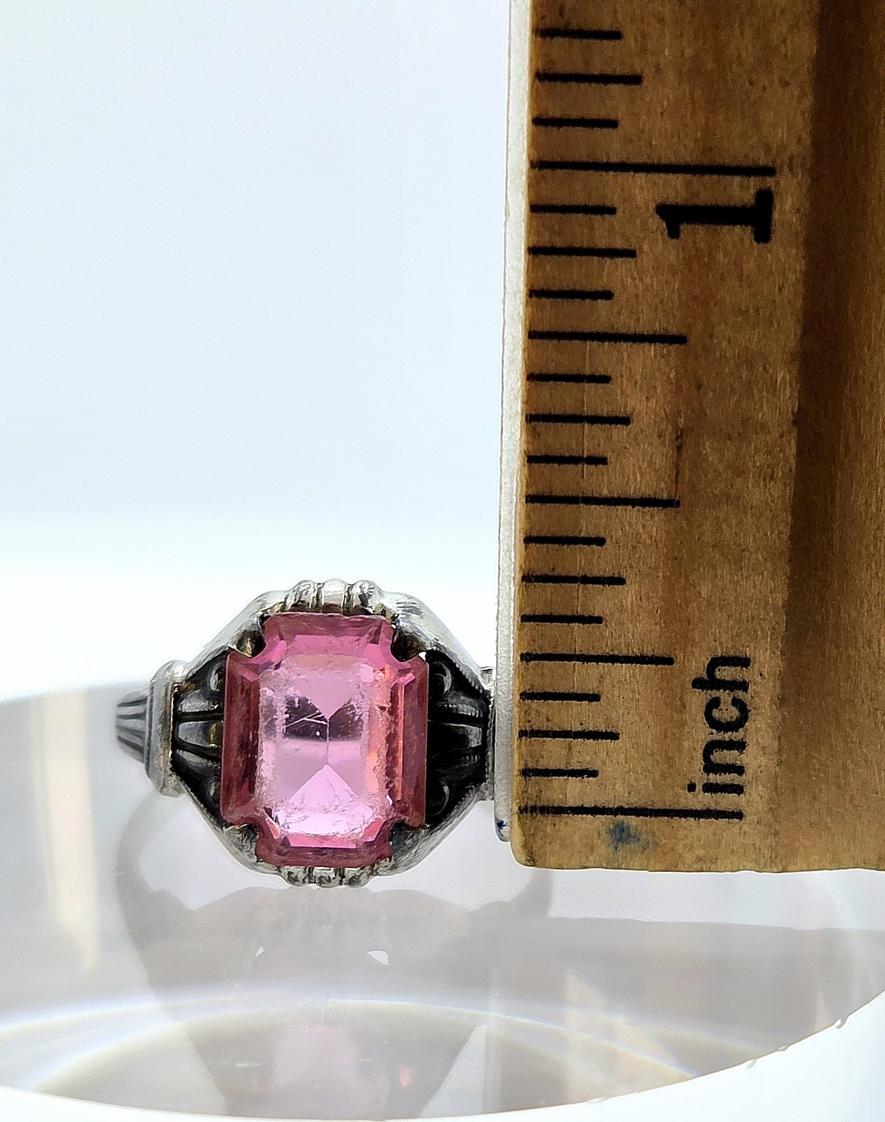 Vintage Ostby & Barton OB Art Deco Ring 925 Sterling Silver Pink Glass Size 6.75