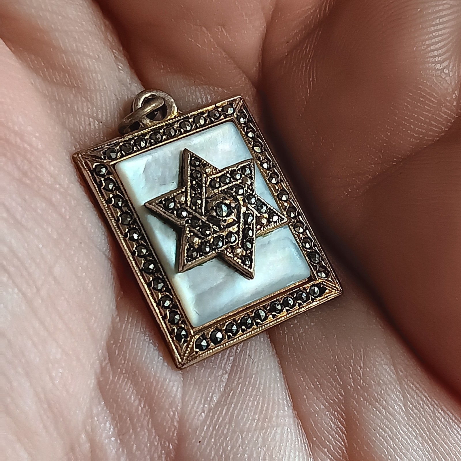 Star David Gold Filled Fob Pendant Marcasite Mother of Pearl Judacia Charm