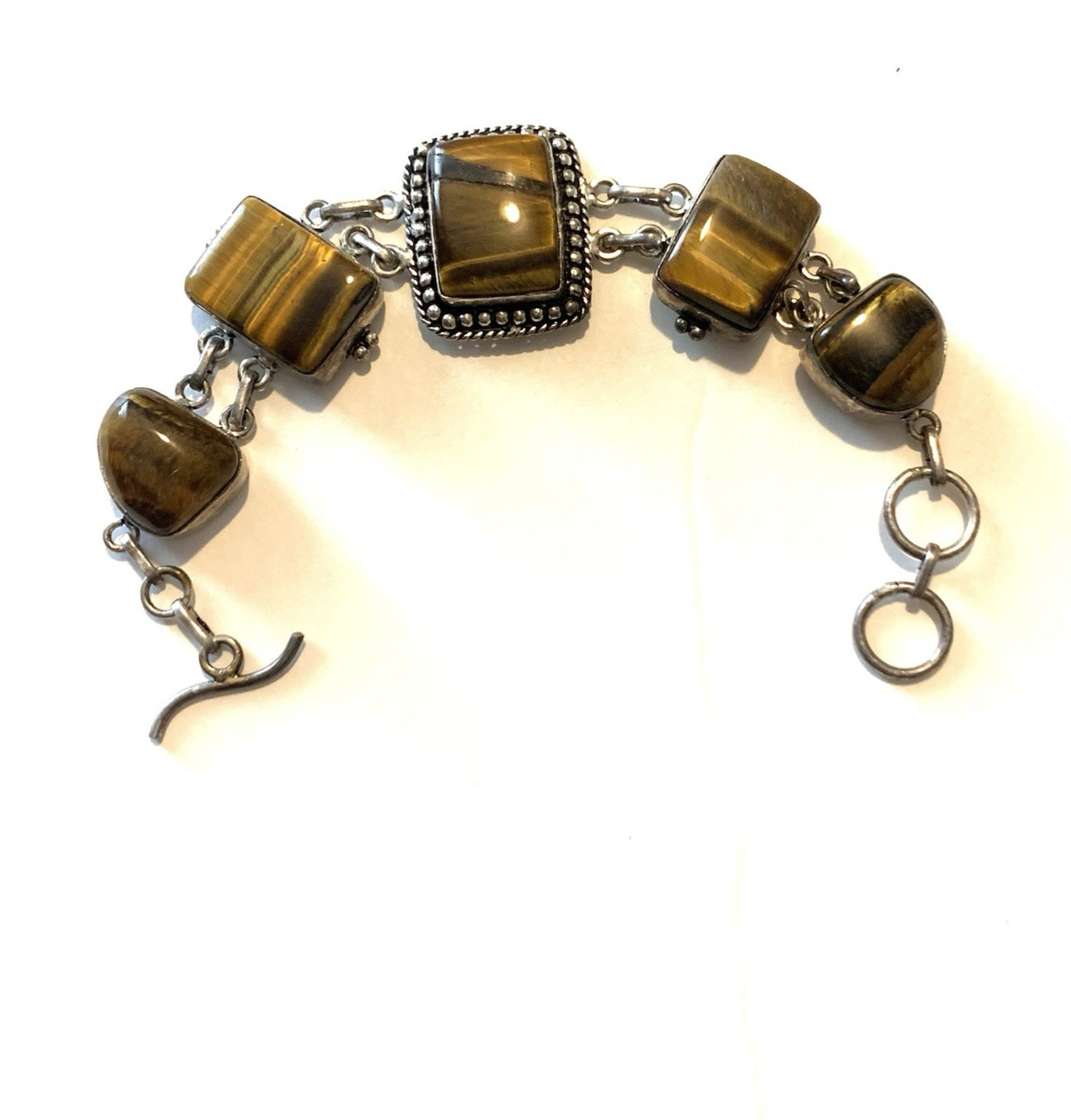 Vintage Polished Tiger’s Eye Silver Tone Bracelet 7” Chunky Statement Piece