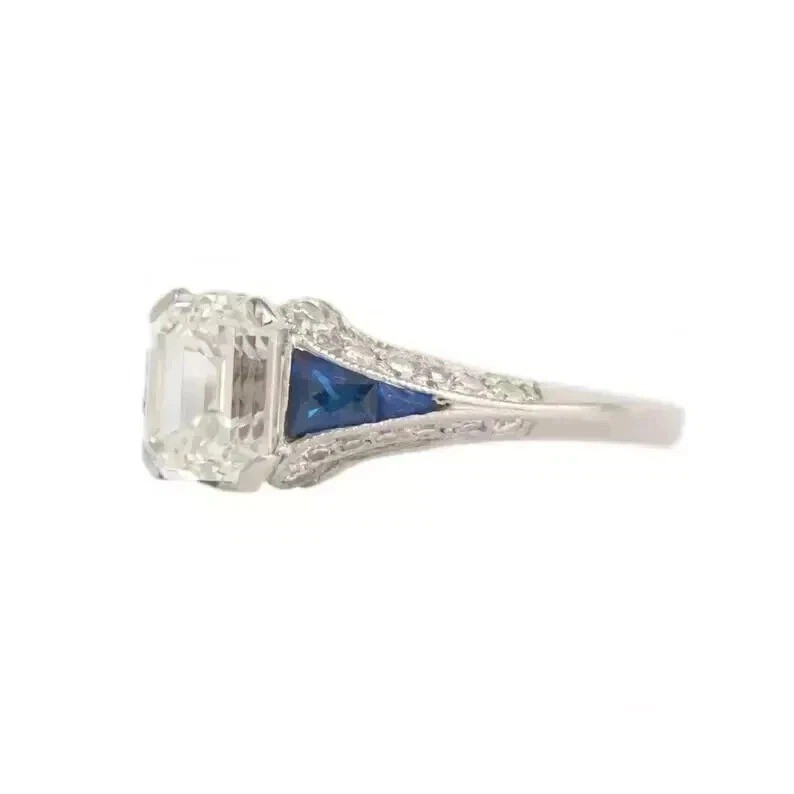 Art Deco Style Emerald Cut Lab Created Diamond Engagement 14K White Gold FN Ring