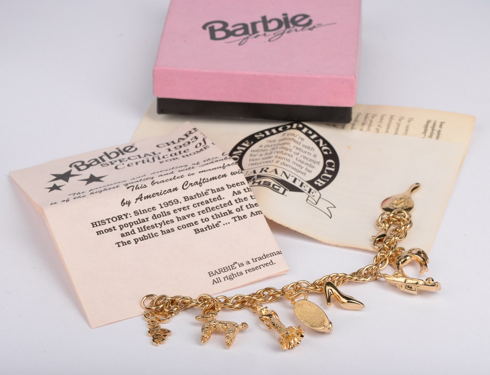 Vintage Barbie For Girls Gold Tone Charm Bracelet 7.5″ w/ Box & COA