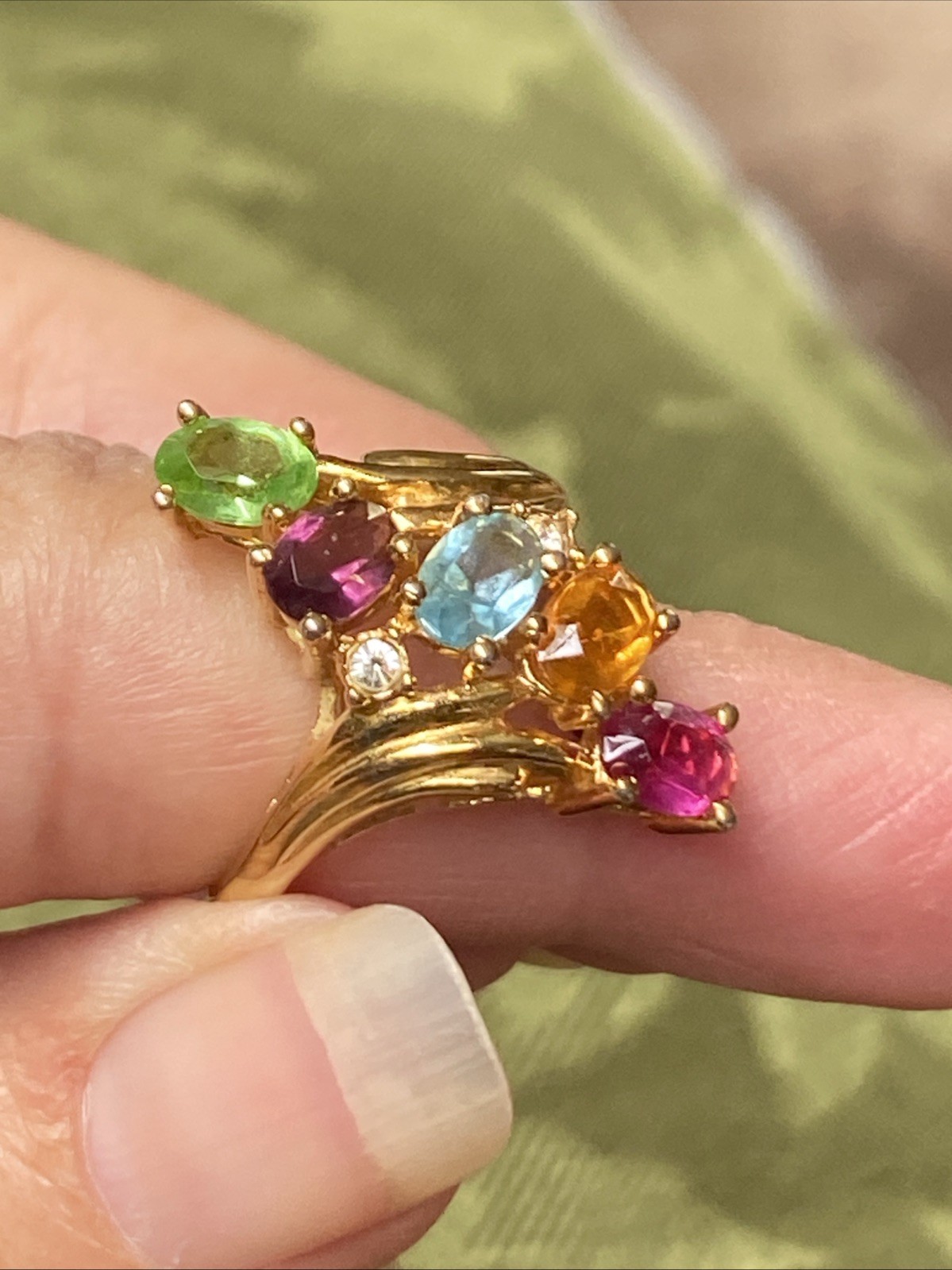 Vintage Mothers ring Sample Brass Gold Plated Multicolor Gemstone Band Size 7.75