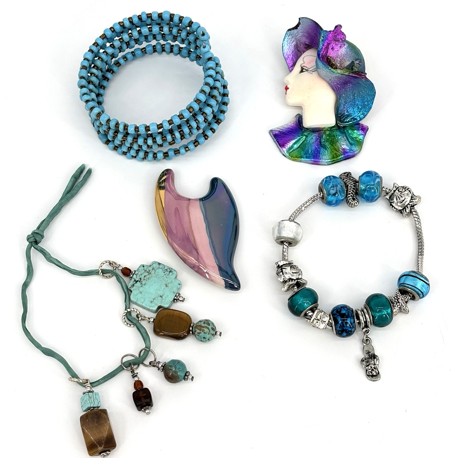 Lot Costume Jewelry Sea Creatures, Seed & SW Bracelets Lady & Heart Brooches VTG
