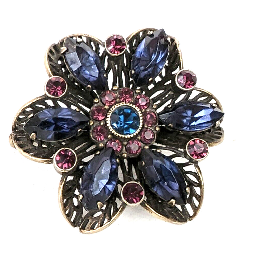 Sapphire Blue & Amethyst Rhinestone Filigree Vintage Silver Tone Brooch Pin 1.5″