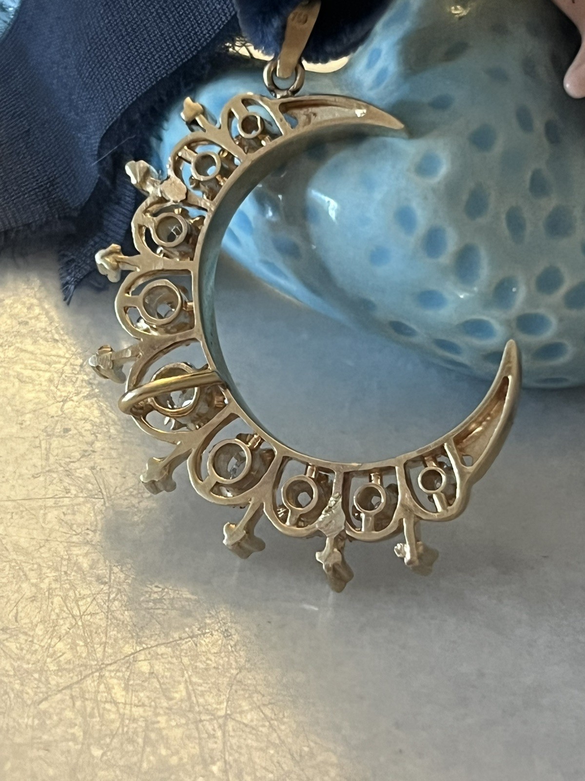 Spectacular Antique 14k Yellow Gold Diamond Crescent Moon Pendant 1920s
