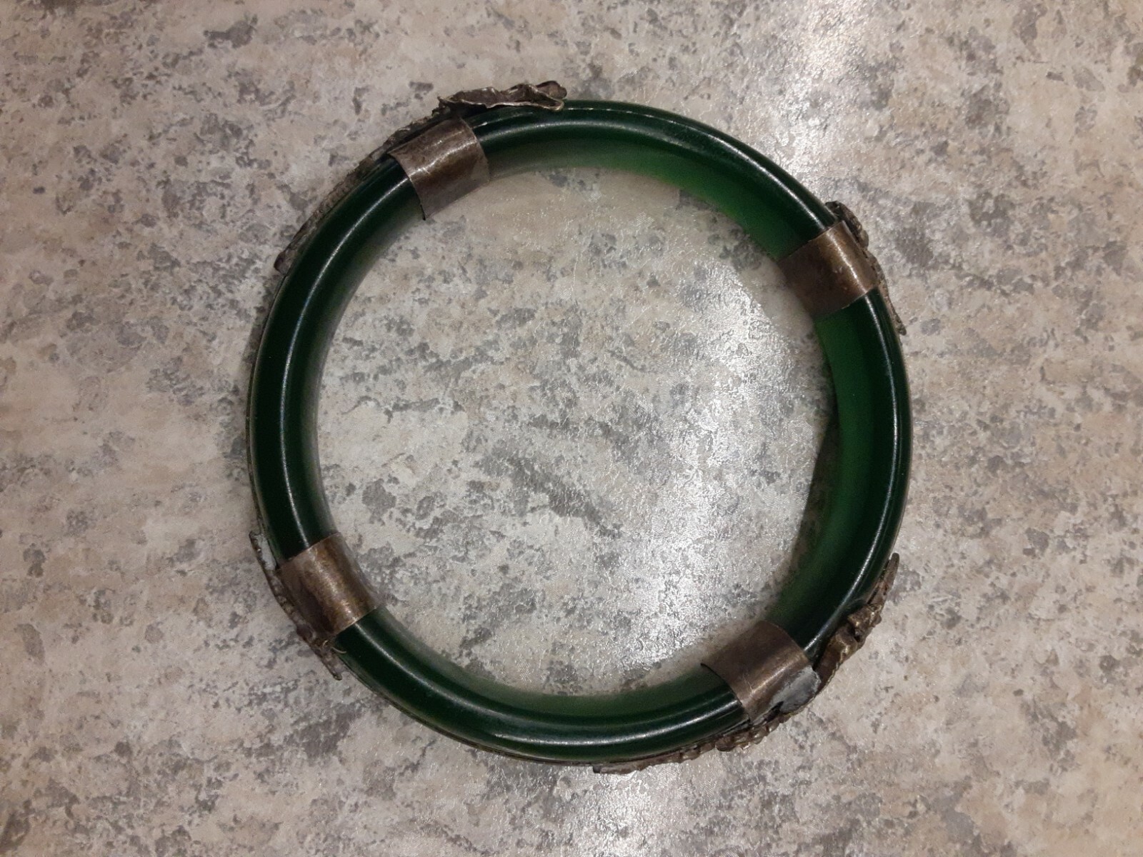 Vintage Green Glass Bangle Bracelet Silvertone Accents-Bearded Dragons Peacock