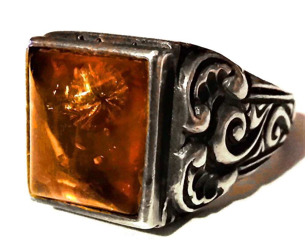 Antique Vintage Amber Silver Ring Carved Baroque Real Natural Baltic Europ Large