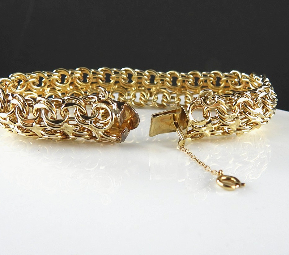 Vintage 12K Gold Filled Rare Fancy Charm Bracelet Chunky Curb Link Safety Chain
