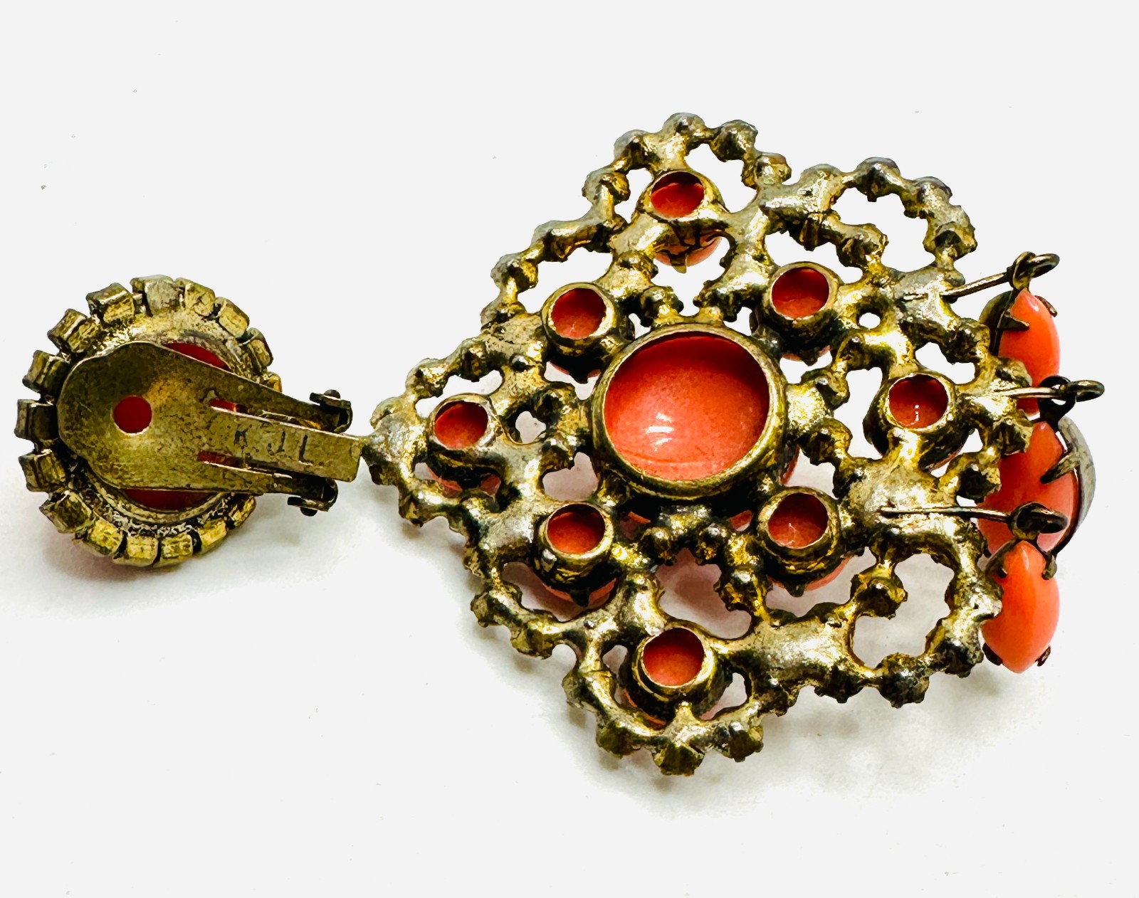 RARE Signed 1960’s KJL Faux Coral & Rhinestone Clip-on Dangle SINGLE Earring
