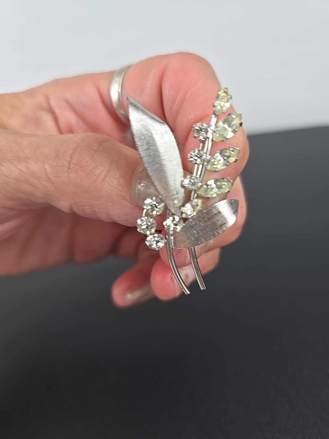 Vintage 925 Sterling Silver Clear Rhinestone Flowers Plant Brooch Pin #1