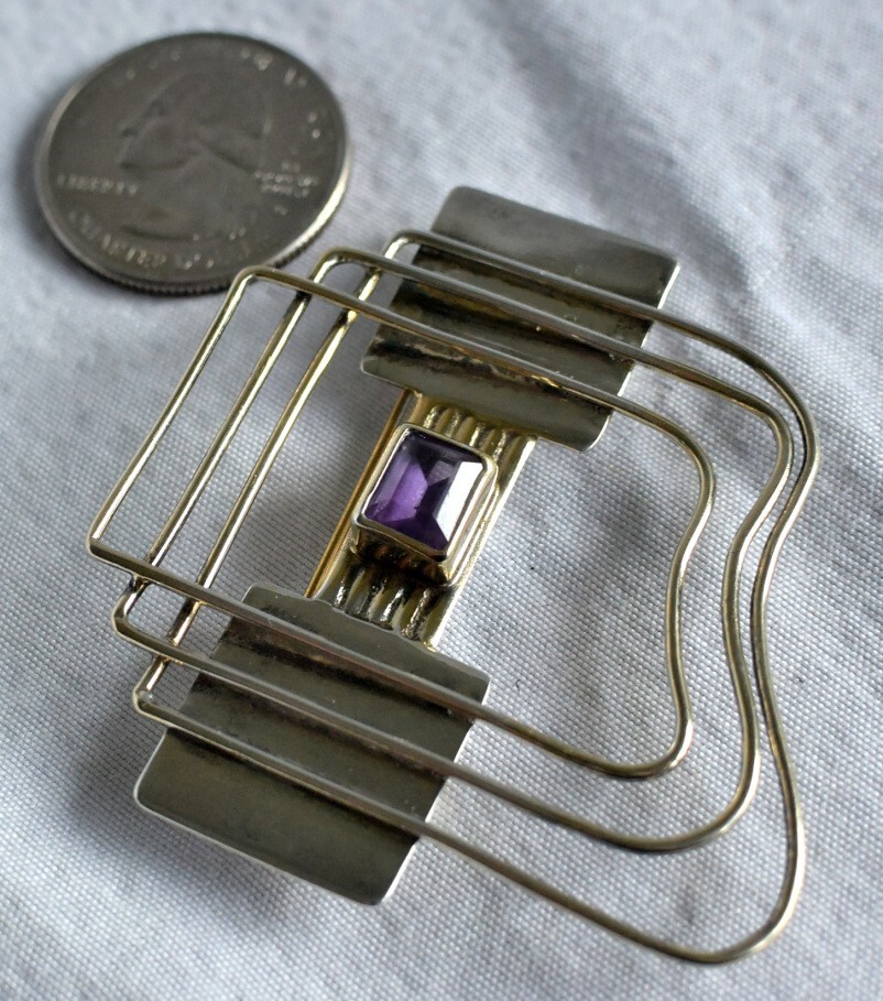 Vtg Signed YES Studio Poland Sterling Silver Amethyst Large Modern Pin & Pendant