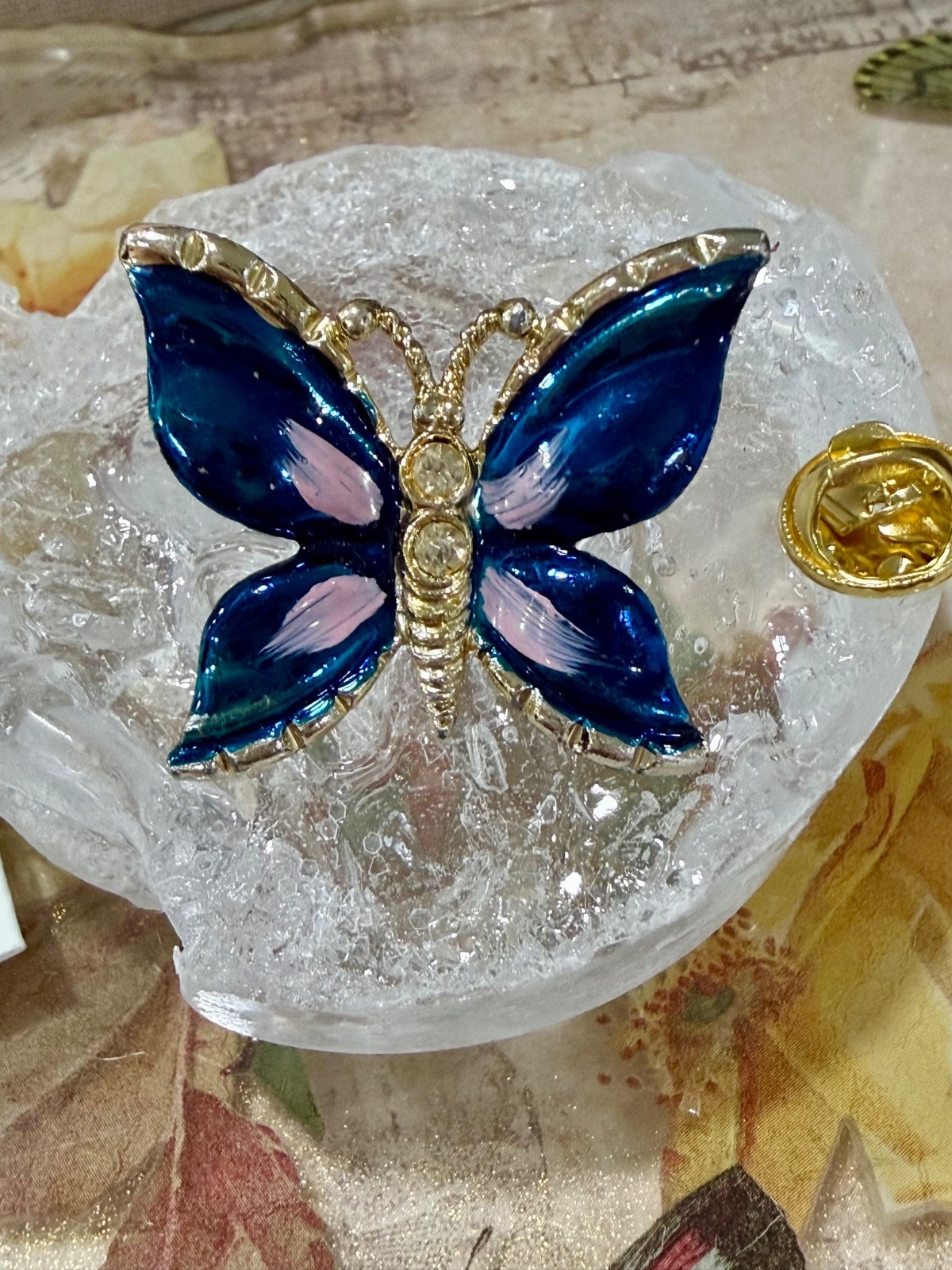 Enameled Butterfly Pin, Blue & Pink With Rhnestone Accents, Gift for Her, Mom