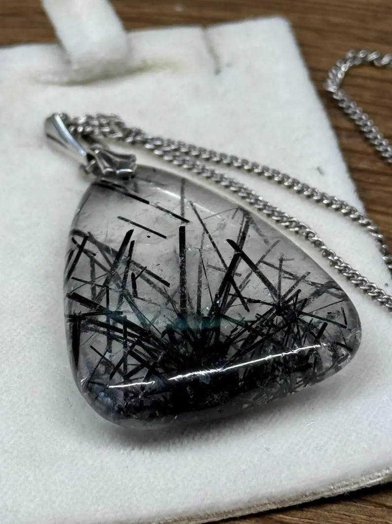 antique large rutilated tourmaline quartz pendant with chain necklace 835 silver