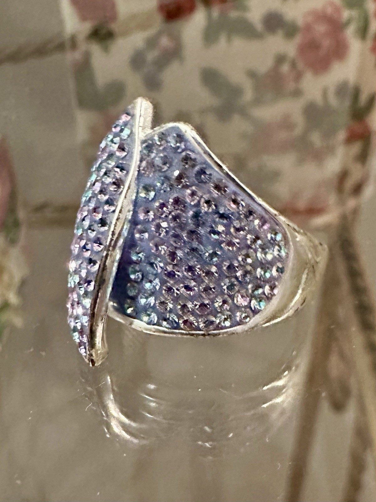 Vintage JCM Silver Tone Over Brass Light Purple Pave Crystals Ring Size 7.5