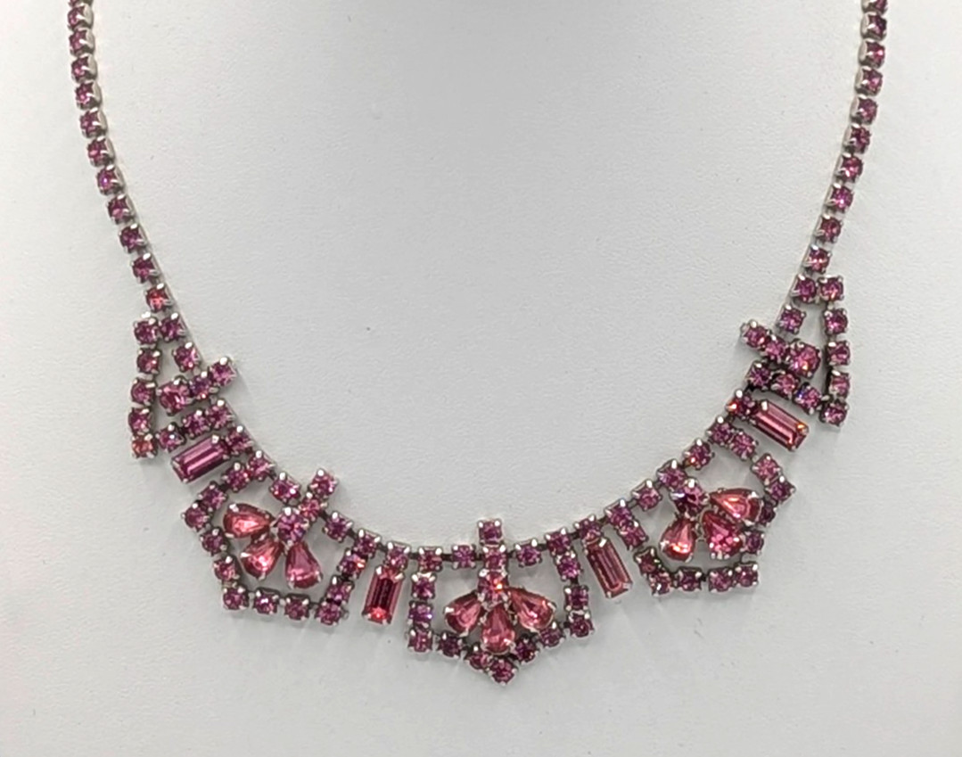 Vintage Pink Rhinestone Necklace Crystal Choker Bib Mid Century Glam 15″