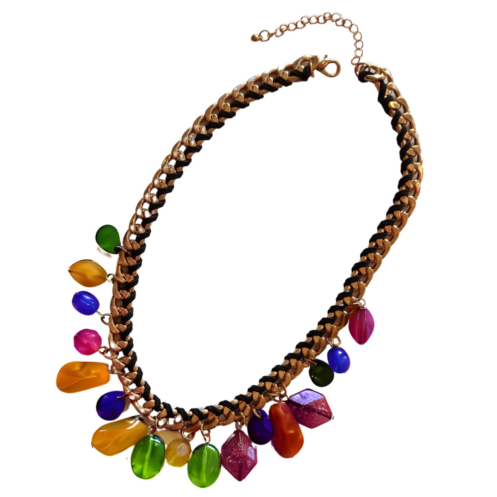 Vintage Glass Beaded Necklace Multicolor Gold Cuban Adjustable Chain 583-0233