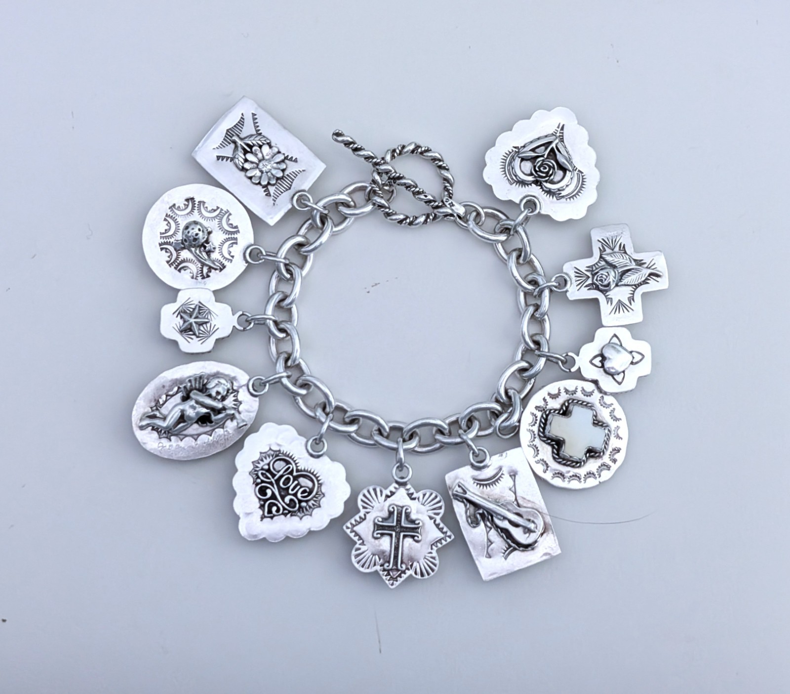 Joan Slifka Sterling 925 Heart Angel Cross Love Luck Charm Two Sided Bracelet