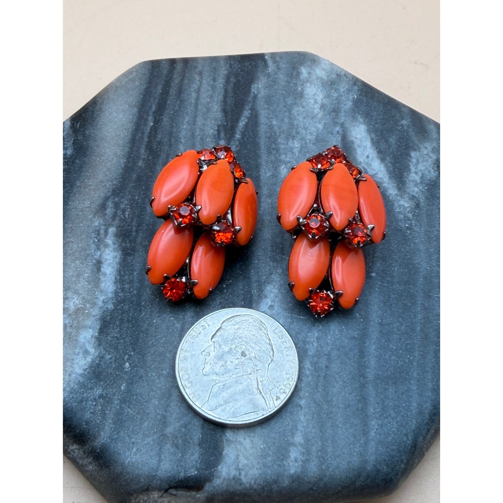 Vintage Orange Cabochon Red Rhinestone Cluster Clip On Earrings MCM Retro