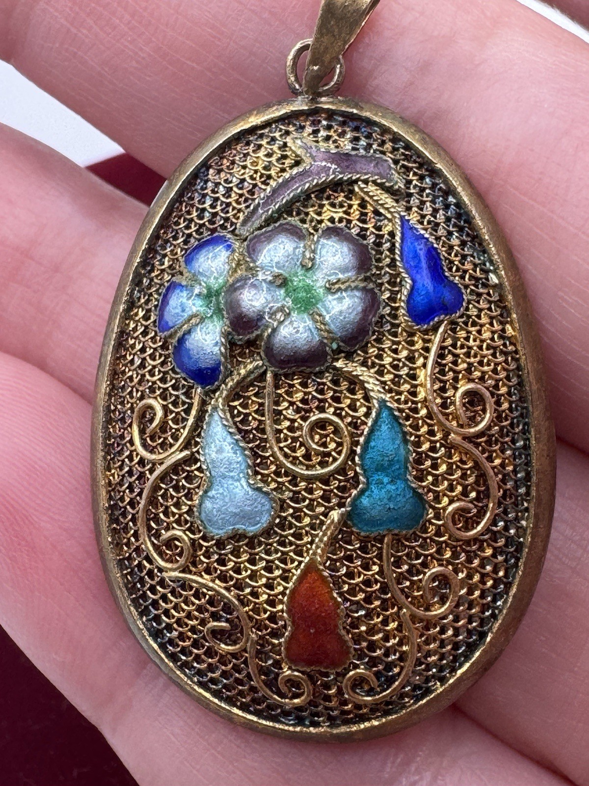 Chinese Export Vintage Silver Multi Color Enamel Flower Pendant Large Sterling