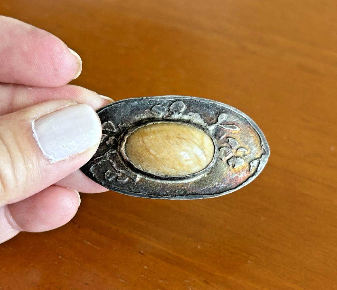 Antique Oval Silver Pin with Unknown Stone and Design