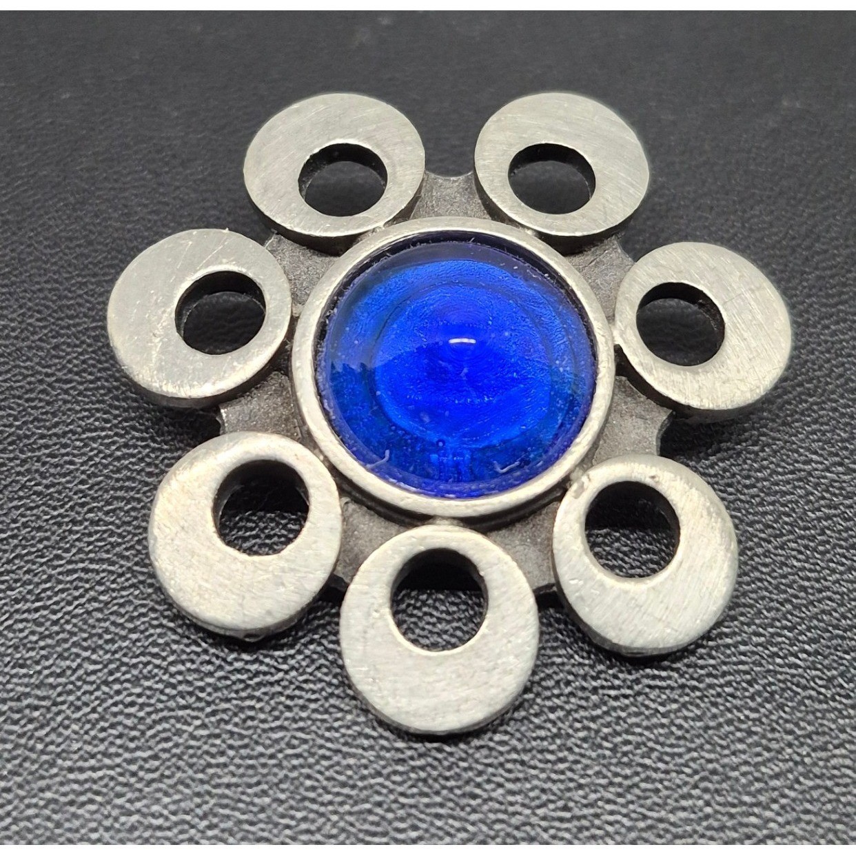 Vintage Rune Tennesmed Sweden Brooch Blue Glass Cabochon Pewter Flower Pin