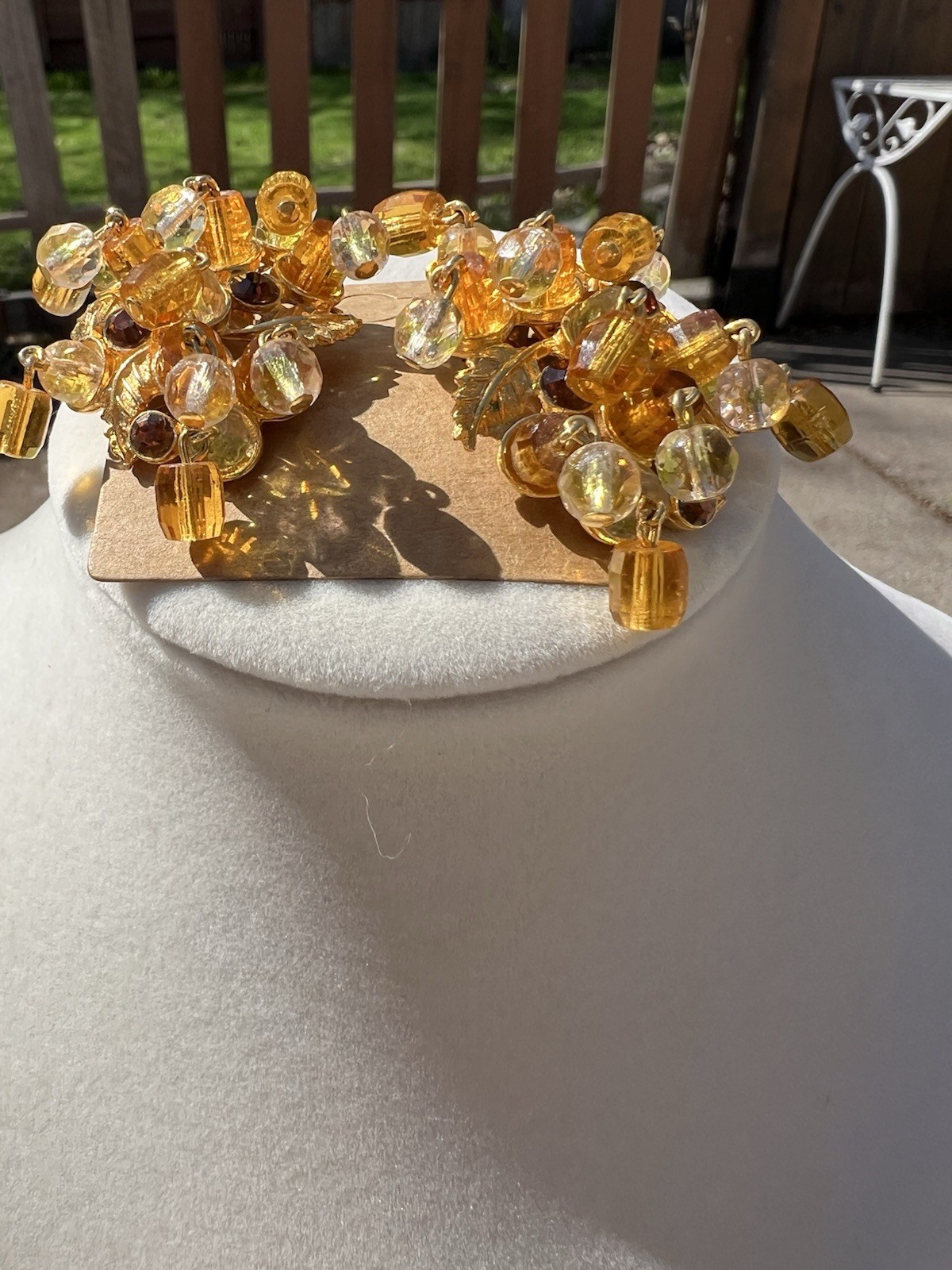 Vtg Clip Cluster Czech Amber Faceted Glass Gold Tone Earrings