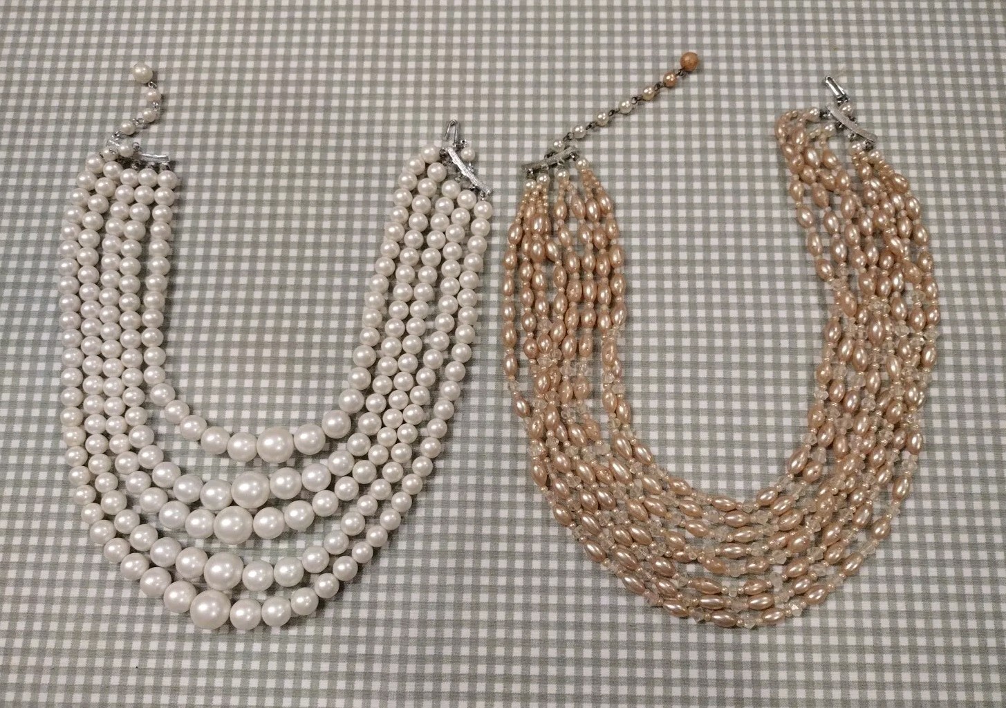 Vintage Lot Of 2 Necklaces 5 Strands Pearls Crystals Japan Extender Hook