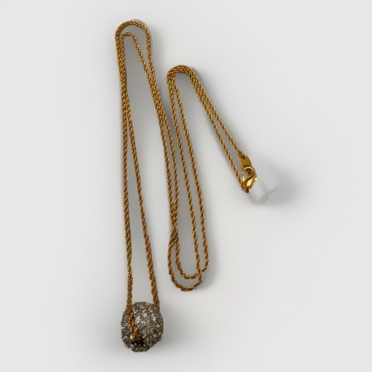 Vtg.Rhinestones Bead Necklace Sliding Single Bead on Ball Chain Gold Tone Metal