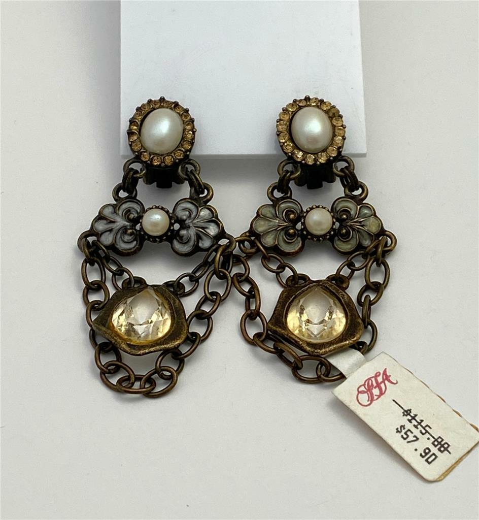 1990’s Saks 5th Ave Faux Pearl, Rhinestone & Enamel Bronze Color Dangle Earrings