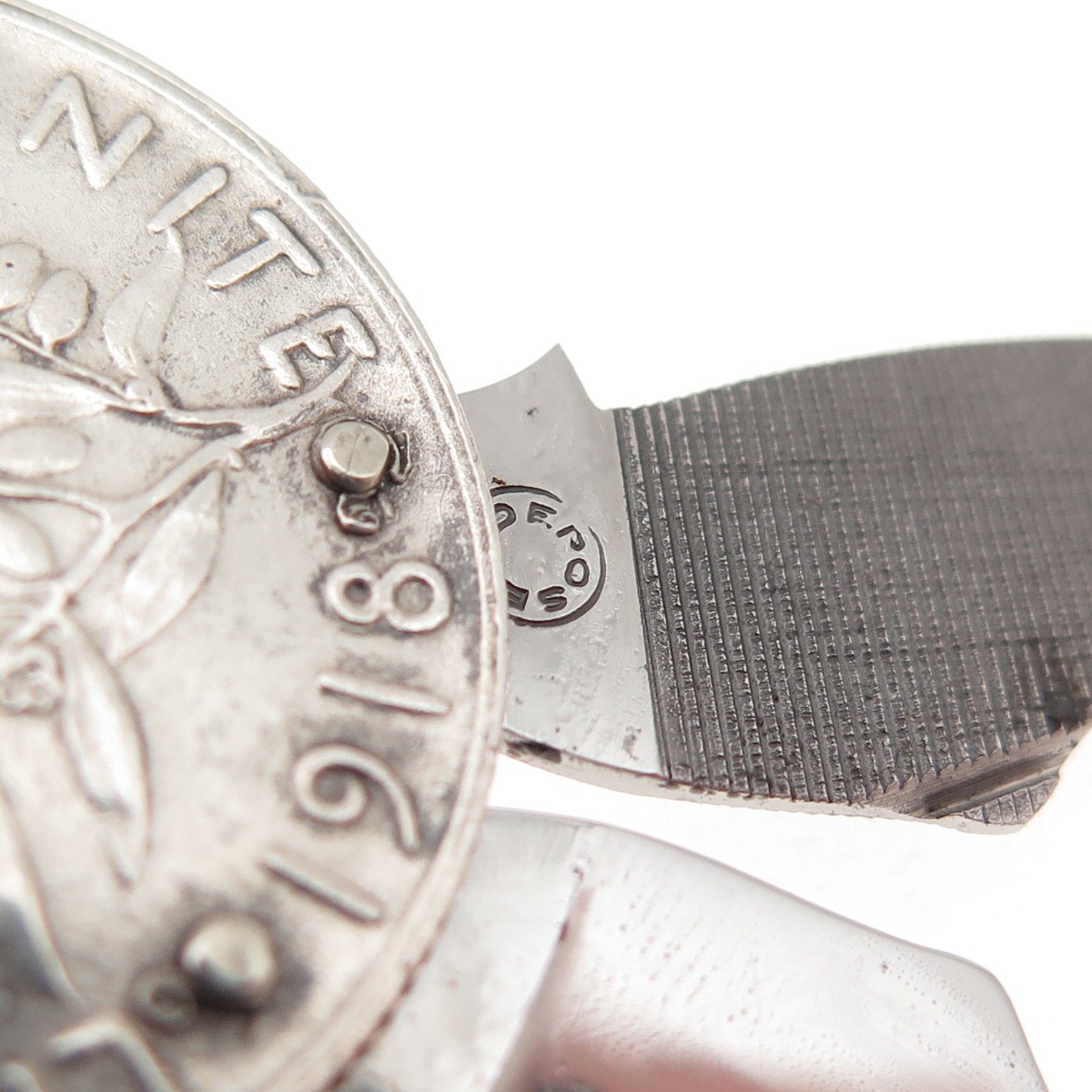 Eloi Pernet 835 Silver Antique 1918 France 2 Francs Coin Pocket Knife Pendant