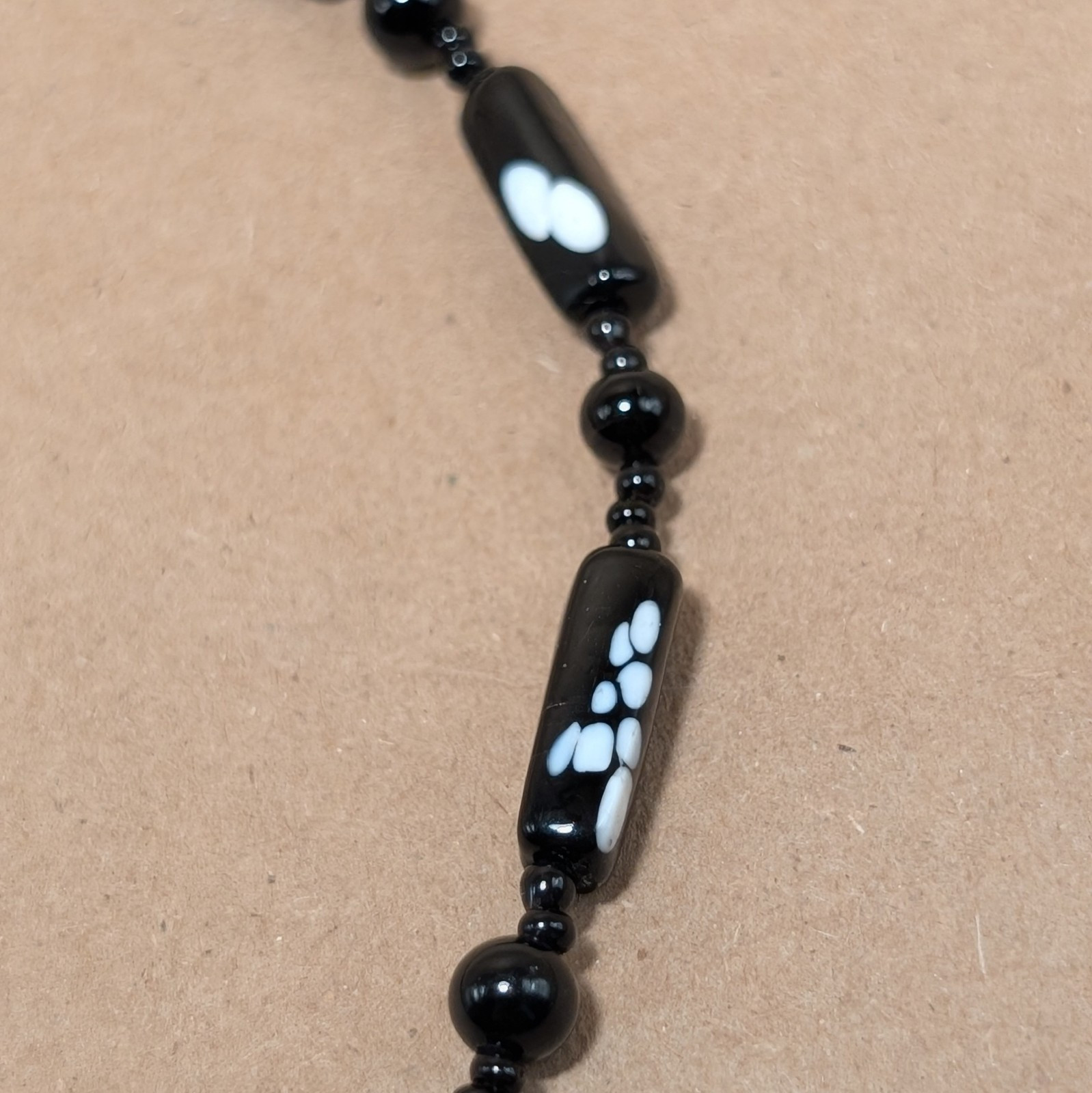 Vintage Black White Spotted Czech Lampwork Glass Bead Mid Century Choker 15.5in