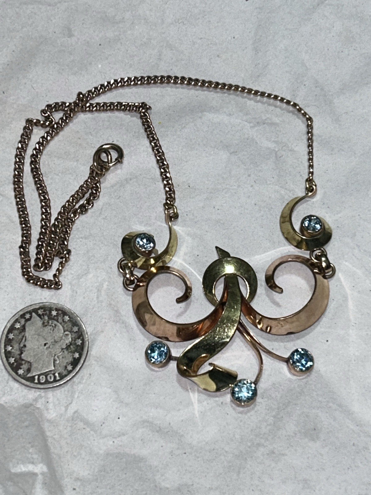 H S B Necklace 1/20 12k Rose Yellow Gold Filled FIVE Sparkling Blue ZIRCONS !!!!