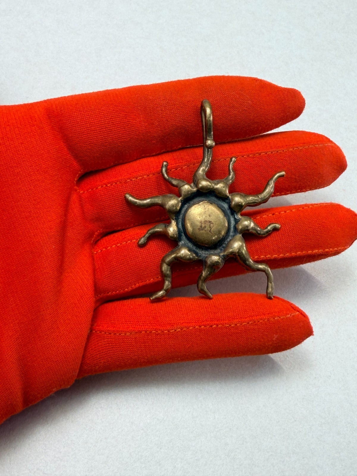 Vintage MCM Brutalist Brass Sun Pendant Abstract Artisan Statement Piece Rare