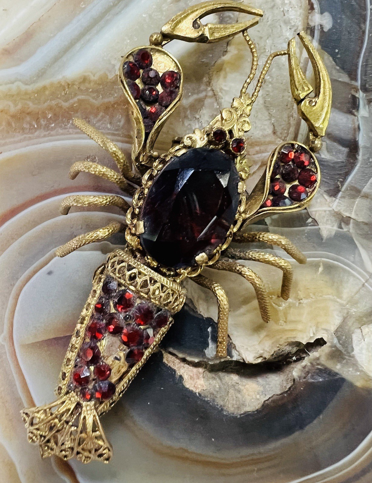 Vintage Signed Czecho Garnet Color Rhinestone Lobster Figural Gold Tone Brooch
