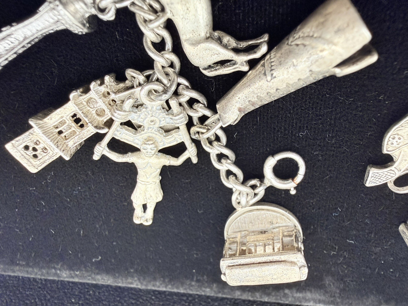 Vintage Sterling Silver 25 Charm Chunky Bracelet Some Mechanical 1960’s MCM 80gr