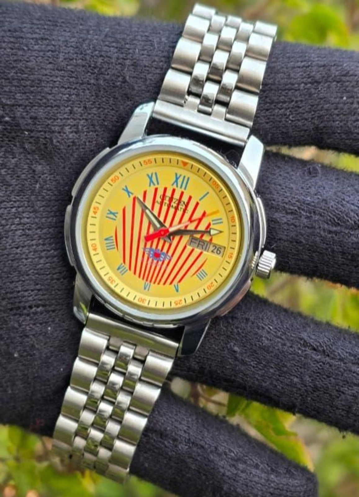 Vintage Citizen Automatic Transparent Back men Steel Day Date 21 Jewels Japanese