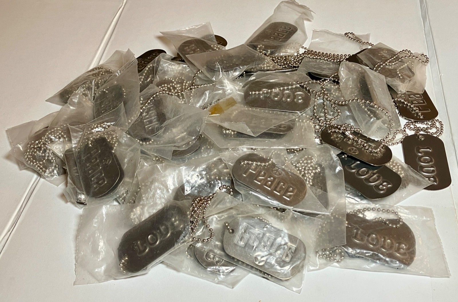 LOT 40+ VINTAGE 1960s Hippie Peace Love Dog Tag Necklace NOS Under $5 Each Bulk