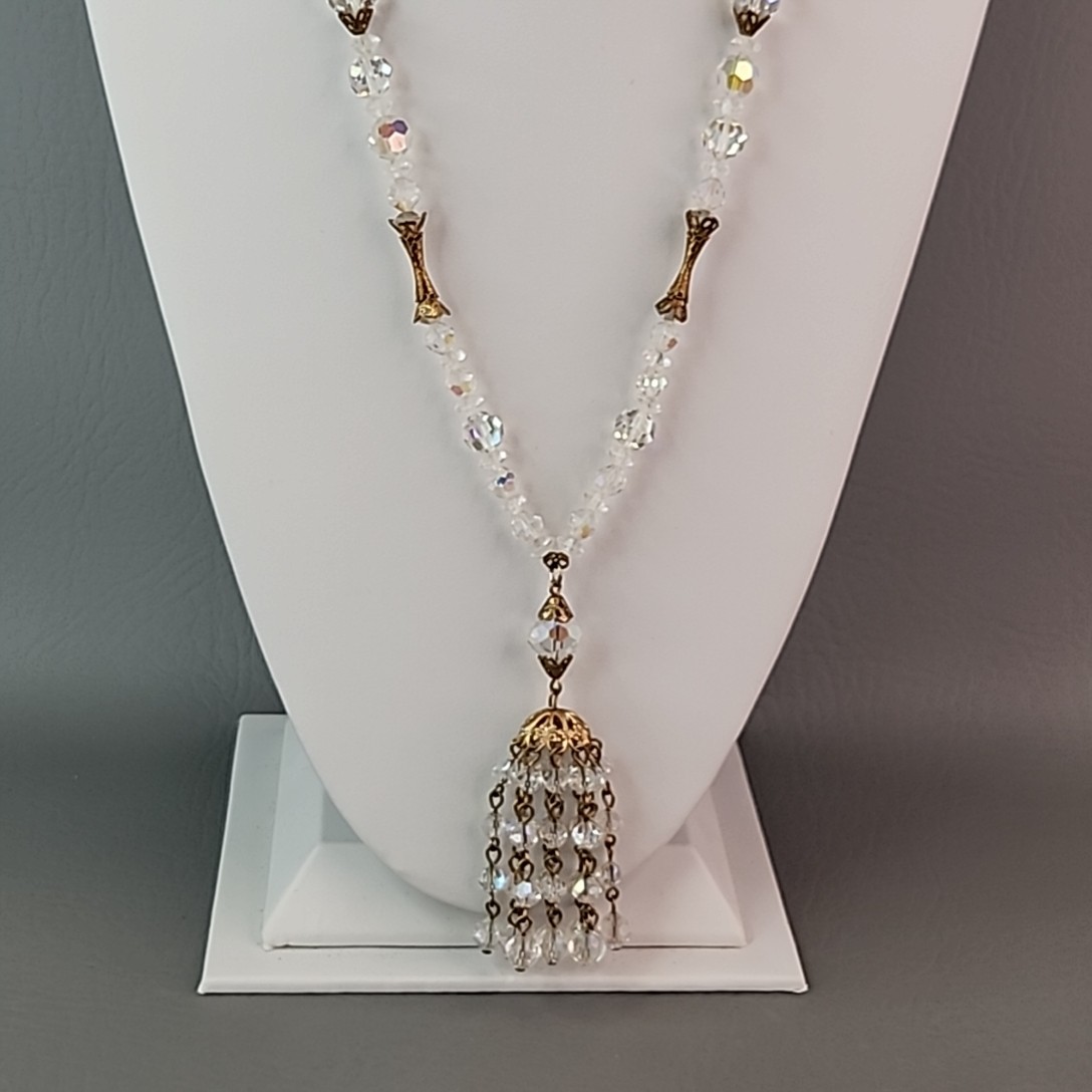 Vintage AB Glass Beaded Tassel Necklace Earrings Set Gold Tone Bar Links 26″