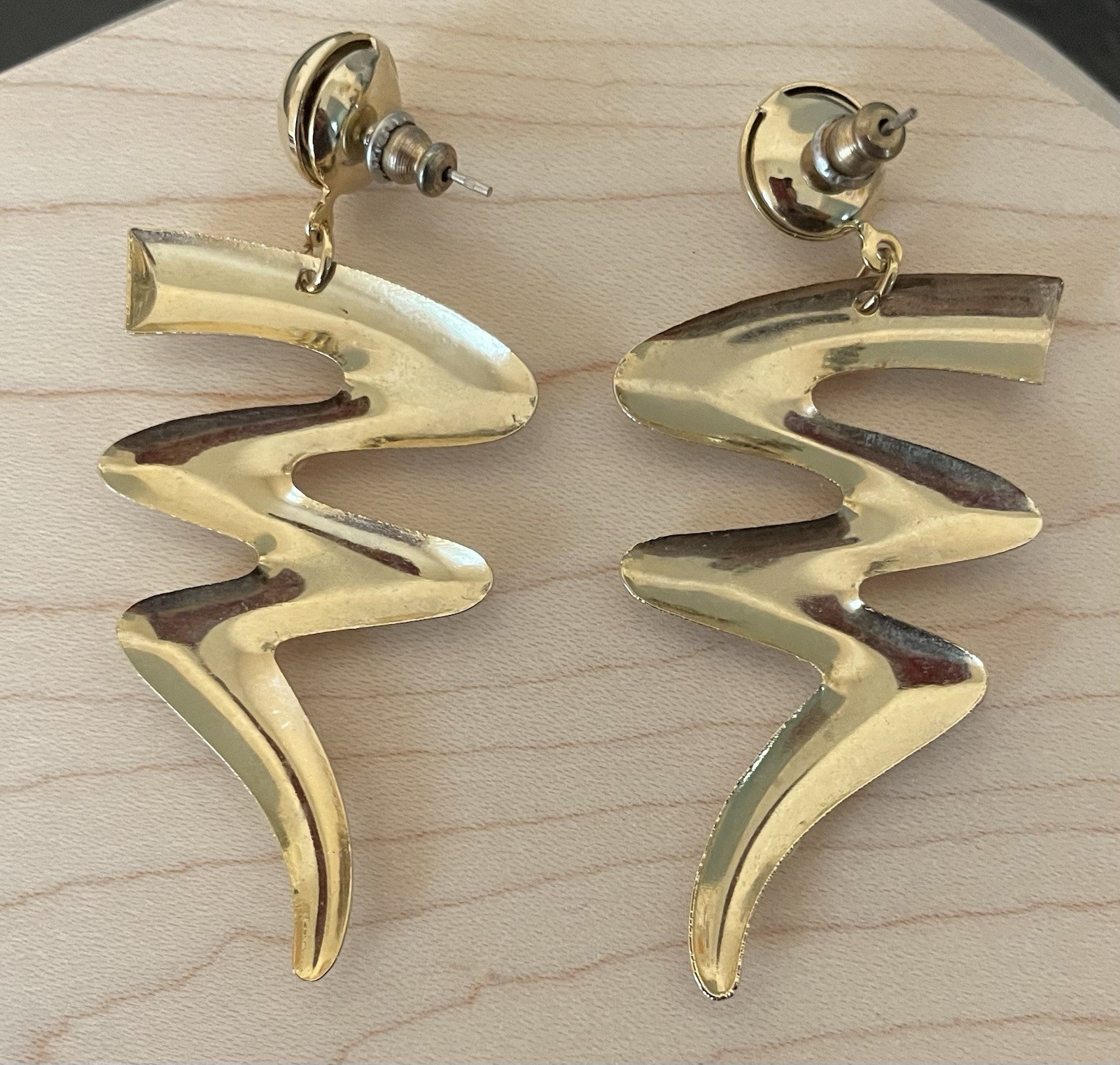 Glam 80’s Flashy Lightning Bolt Dot Goldtone Earrings Pierced