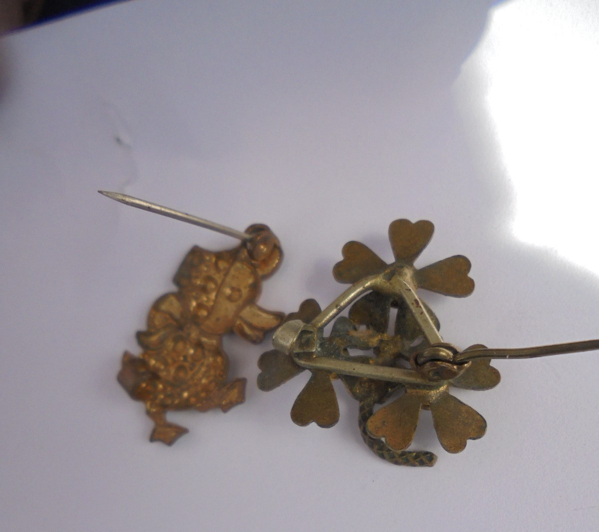 2 Old Brooches/Pins Enameled Ducky and Flower Bouquet 1″ Each