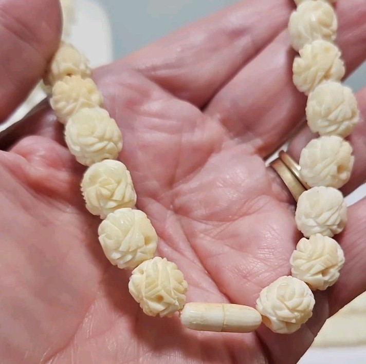 Vtg LOT Graduated Carved Rose Bead Elephant Necklaces Krememtz Rose Brooch ERs +