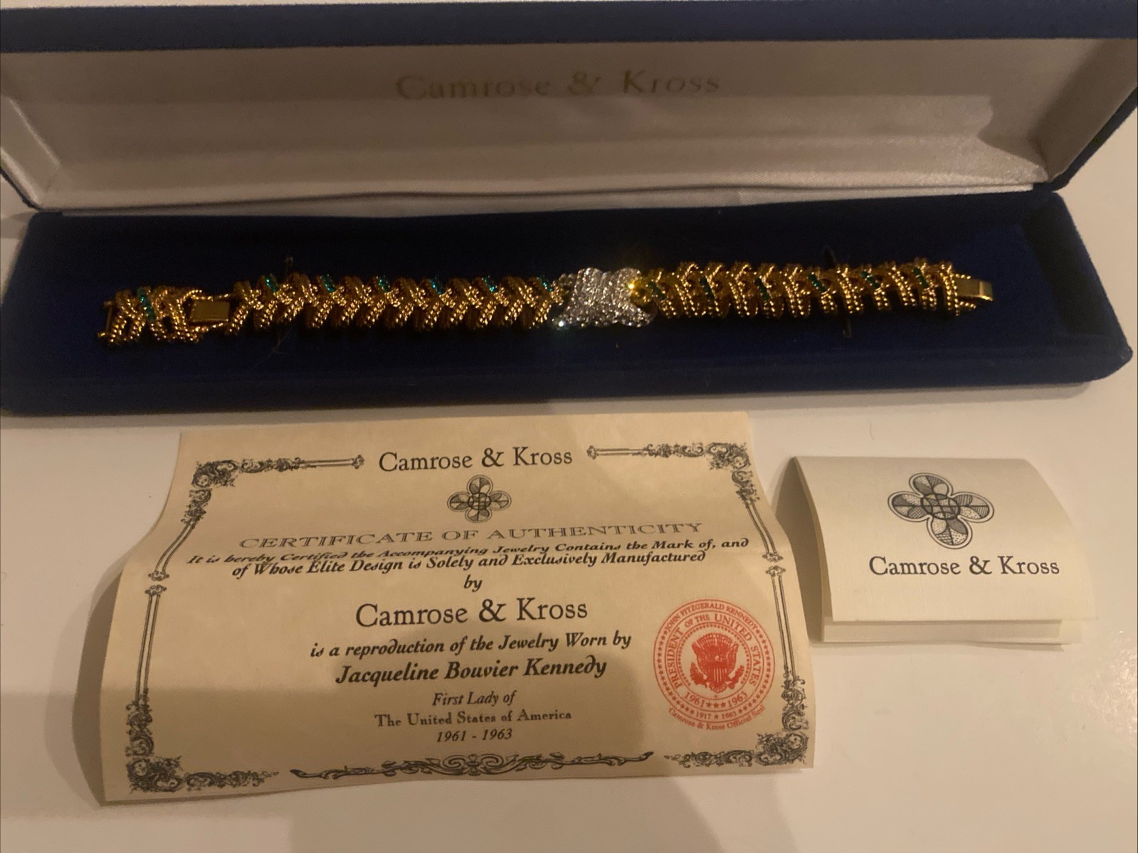 Camrose & Kross Jackie Kennedy Emerald And Crystal Thick Gold Bracelet JBK