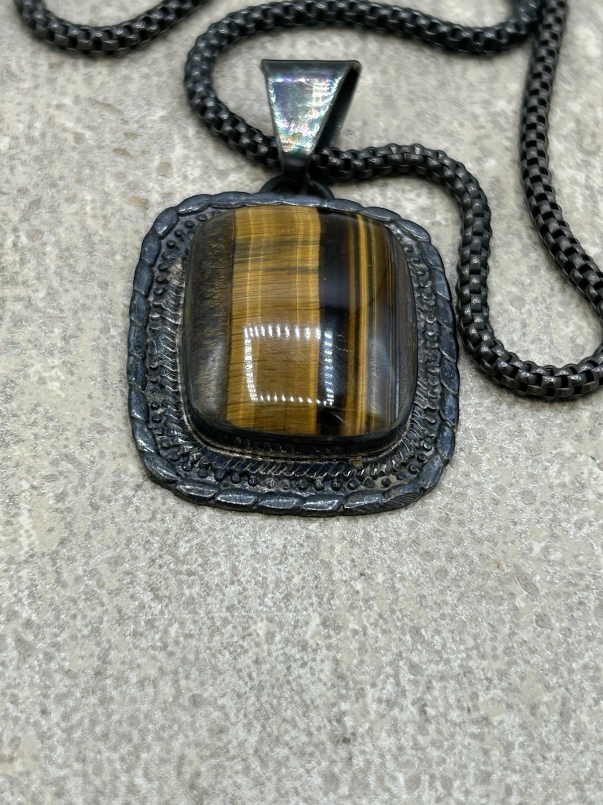 JRI Mexico Sterling Silver Tiger’s Eye Pendant Necklace Modernist Oxidized Chain