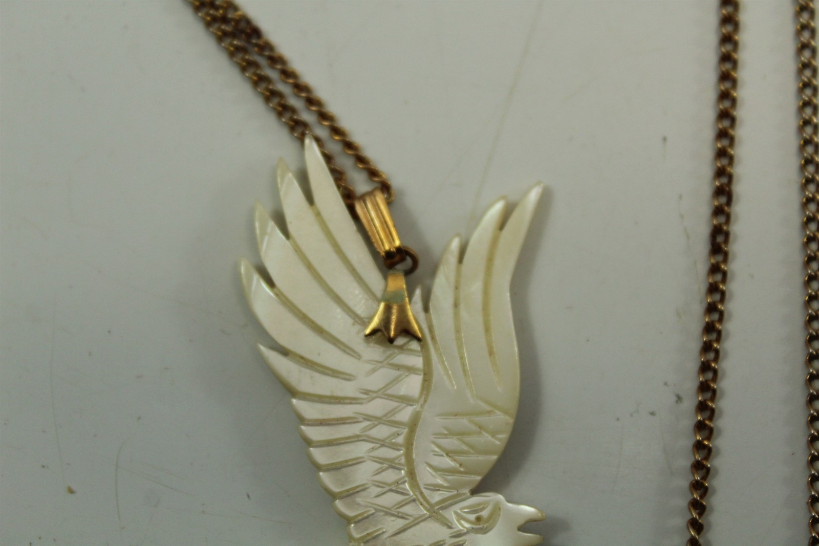 Vintage Hand Carved Shell Flying Eagle Pendant Necklace w/ Goldtone Alloy Chain
