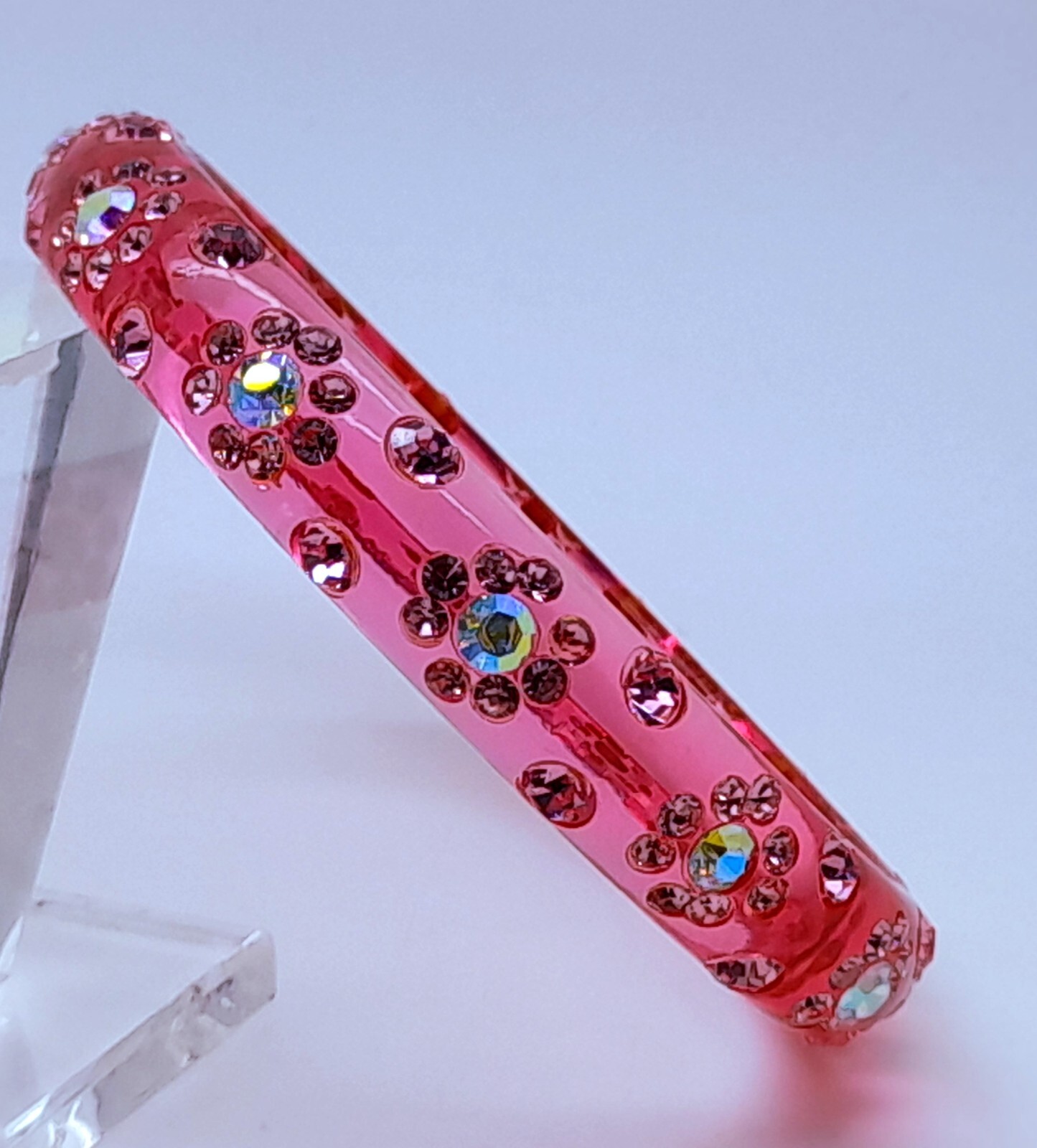 pink color round transporent Plastic flower rhineston fashion bangle bracelet