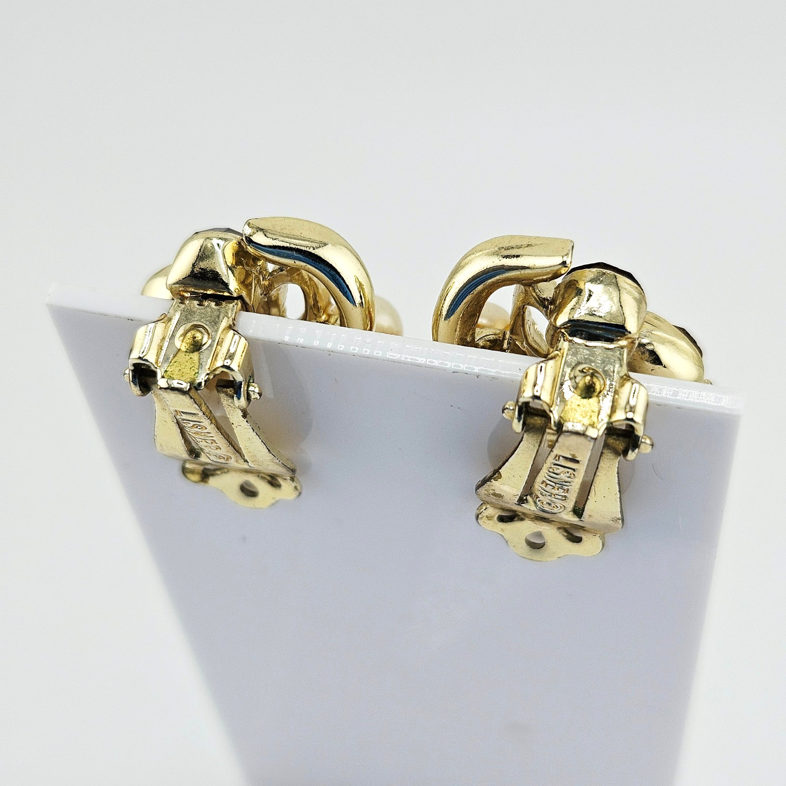 Vintage Signed LISNER Clip On Earrings Amber Rhinestone Faux Pearl Gold Tone MCM