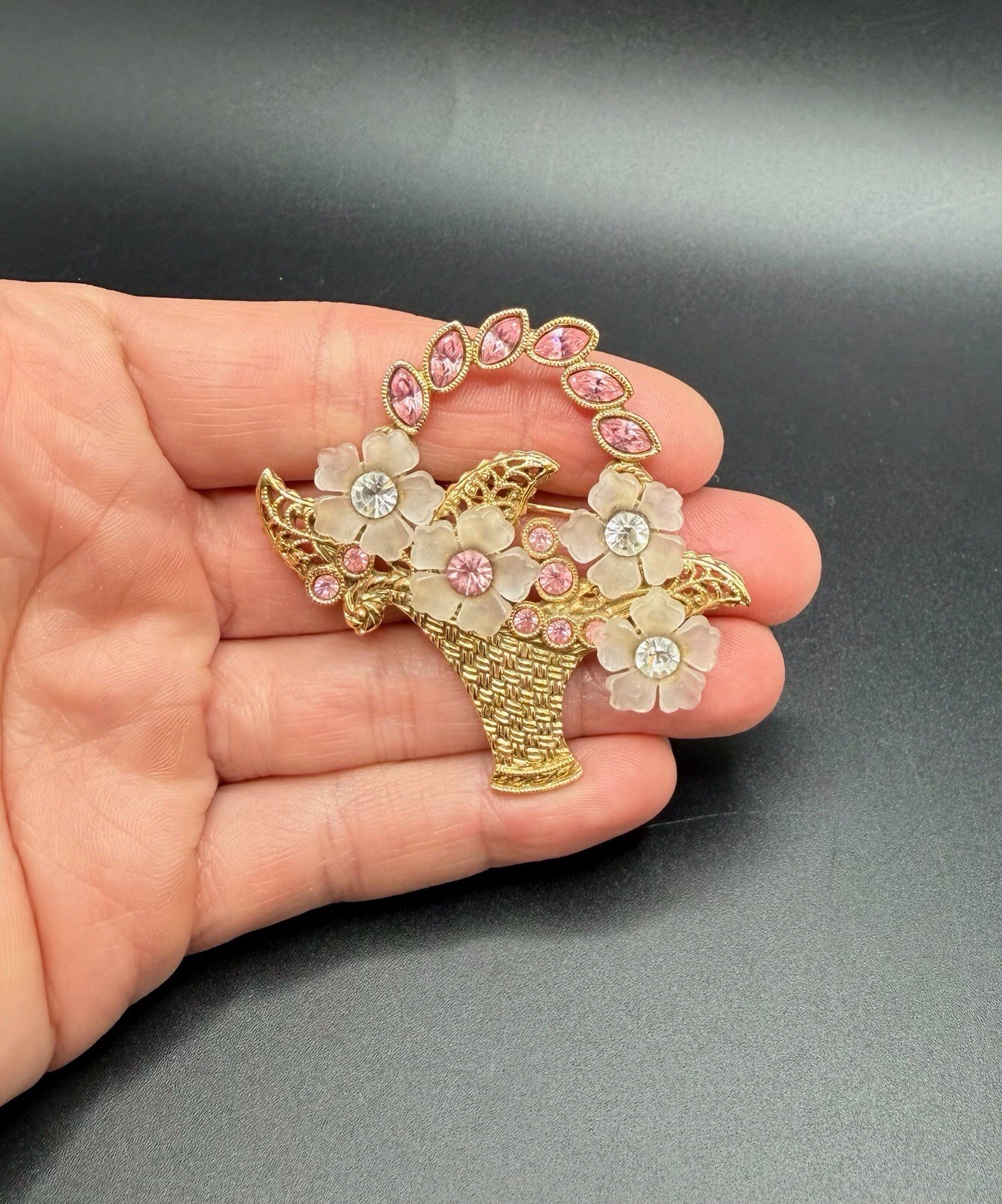 Vintage 1928 Gold Tone Basket Pin Brooch Lucite Flowers Pink/Clear Rhinestones